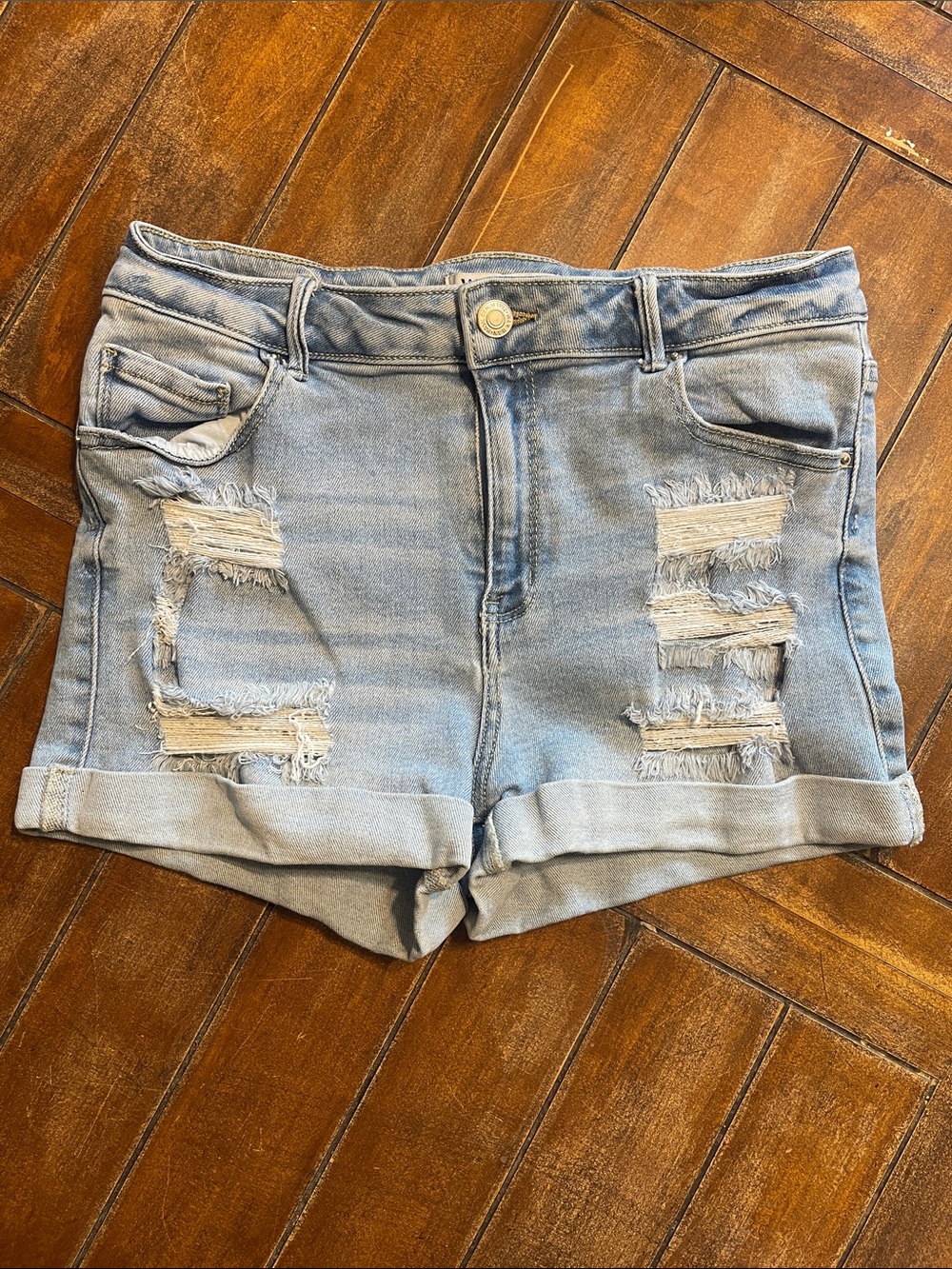 Wax Jean Light Blue Distressed Roll-Hem Denim Shorts